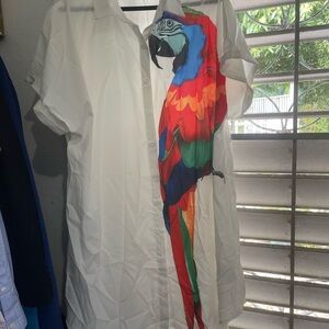 SHEIN Colorful Parrot Print White Shirt Long Back